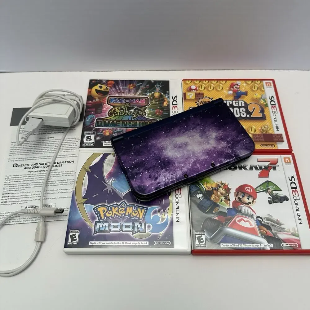 Nintendo New 3DS XL Purple Galaxy Edition - Charger, Stylus, Manual & 4 Games